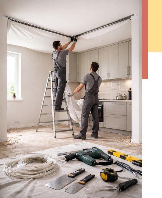 Установка натяжного потолка на кухне в Минеральных Водах от 2486 руб. | ОТДЕЛОЧНИК-Мнр